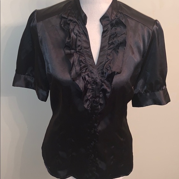 apt 9 Petite Tops - Black Satin Feel Ruffle Button Up Fitted Blouse